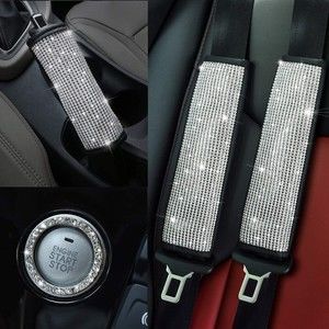 Seat Belt Pads Handbrake Cover and Ignition Ring with Bling Rhinestones 4 Pc Set